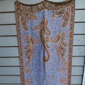 Denim Blue Brown Gold Pashmina & Skilk Pashmina